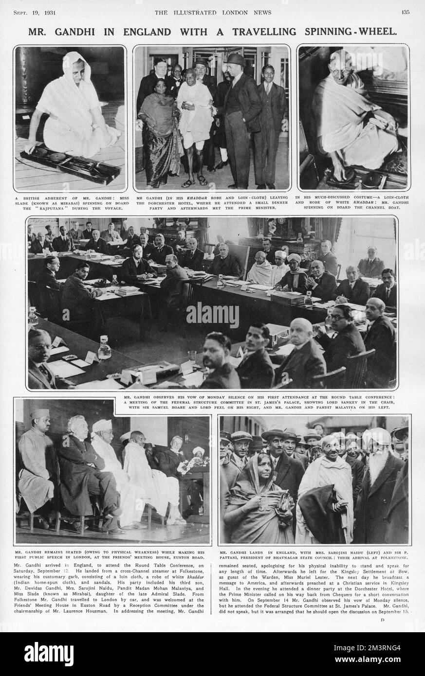 M. Gandhi en Angleterre avec un volant de roulement. Il est arrivé en Angleterre pour assister à la Conférence de la Table ronde, le 12th septembre 1931, à l'atterrissage d'un bateau à vapeur à voies croisées à Folkestone. Date: 1931 Banque D'Images