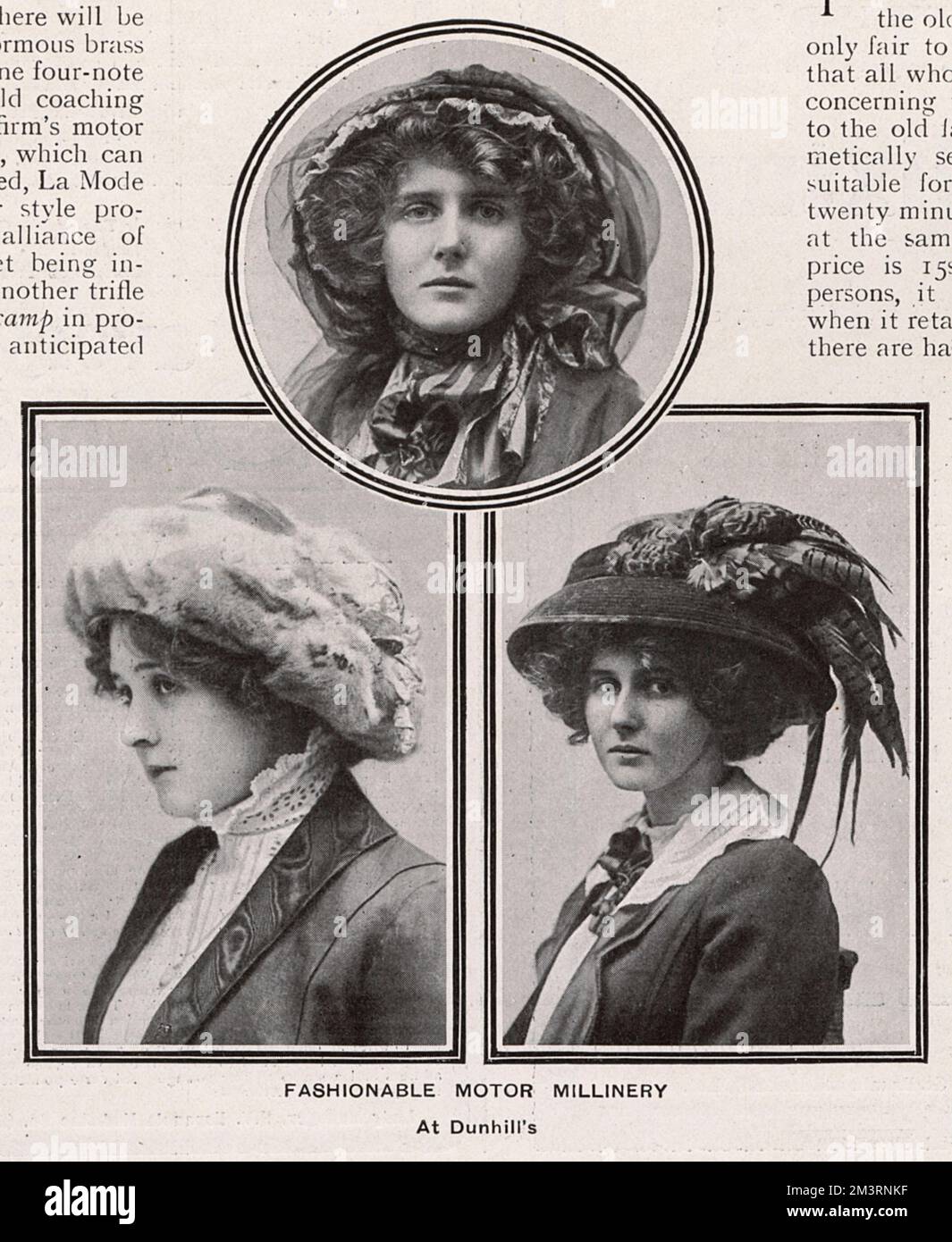 « La Motor Millinery à la mode » dans un article intitulé « The Highway of Fashion ». Femmes en magnifiques bonnets avec rabats d'oreilles, cowls et plumes. 1909 Banque D'Images