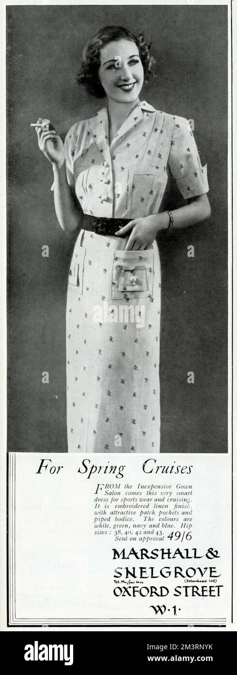Modèle portant une robe en lin brodé avec ceinture, poches plaquées et corps passepoilés, idéal pour le sport et la croisière. 1937 Banque D'Images