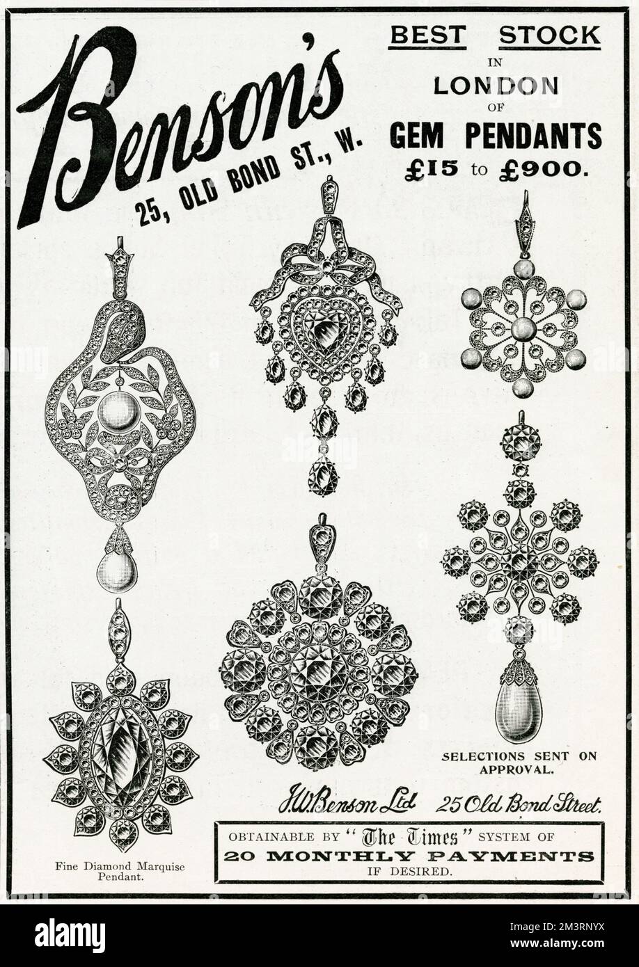 Sélection de pendentifs pour les femmes édouardiennes, utilisant des pierres et des diamants, possible par le système "The Times" de 20 paiements mensuels. Date: 1906 Banque D'Images