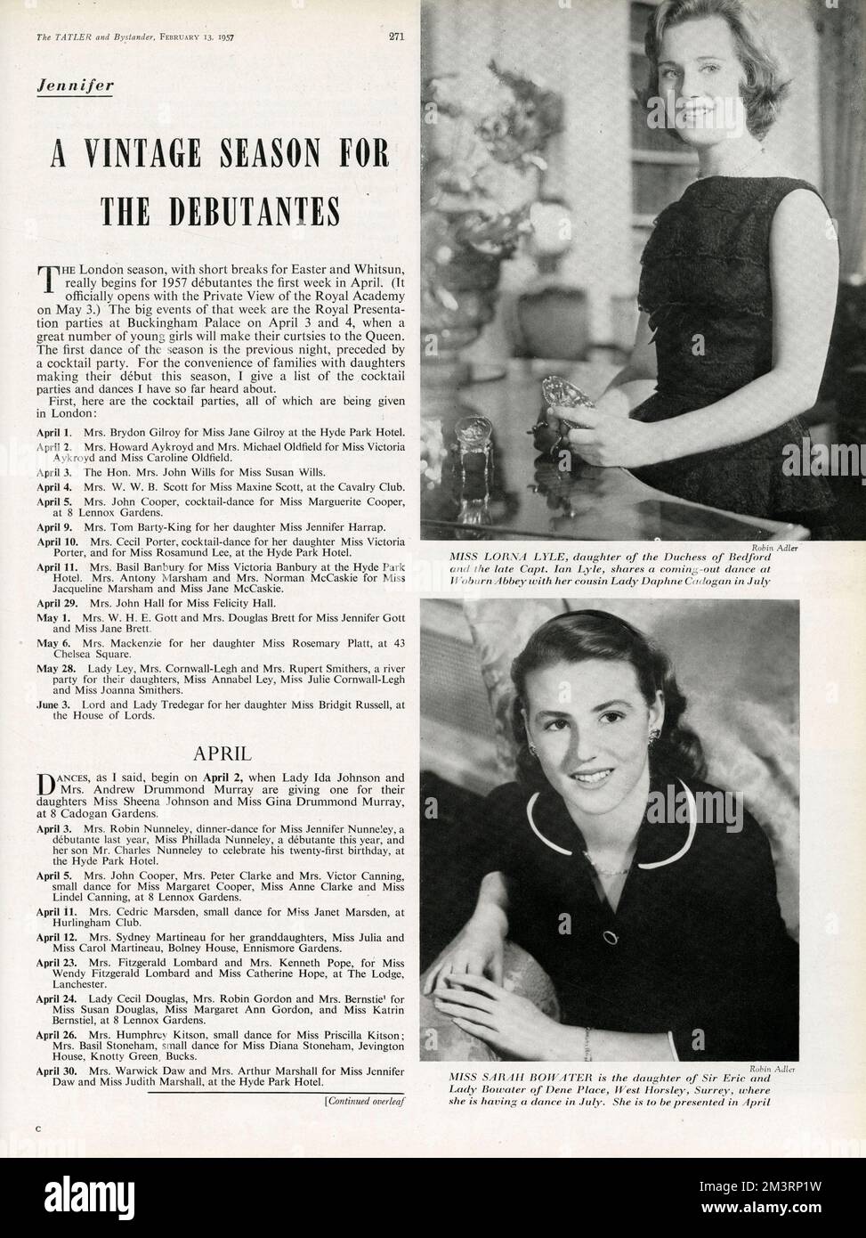 Page du Tatler par la rédactrice en chef du magazine, Jennifer, énumérant certains des événements qui ont lieu pendant la saison 1957, ainsi que des portraits de deux debutantes, Mlle Lorna Lyle et Mlle Sarah Bowater. Date: 1957 Banque D'Images