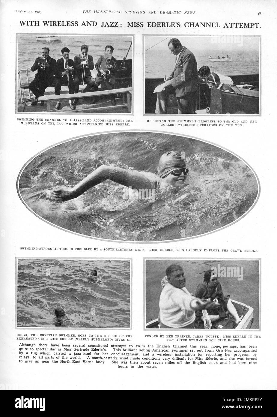 Gertrude Ederle, nageuse de compétition américaine, essayant de nager dans la chaîne britannique, qui était accompagnée non seulement par des opérateurs sans fil et son entraîneur, mais par un groupe de jazz pour le soutien motivationnel. Malheureusement, à cette occasion, le groupe de jazz n'a pas fonctionné et Gertrude a dû abandonner après neuf heures. Elle deviendrait la première femme à nager dans la Manche l'année suivante. 1925 Banque D'Images
