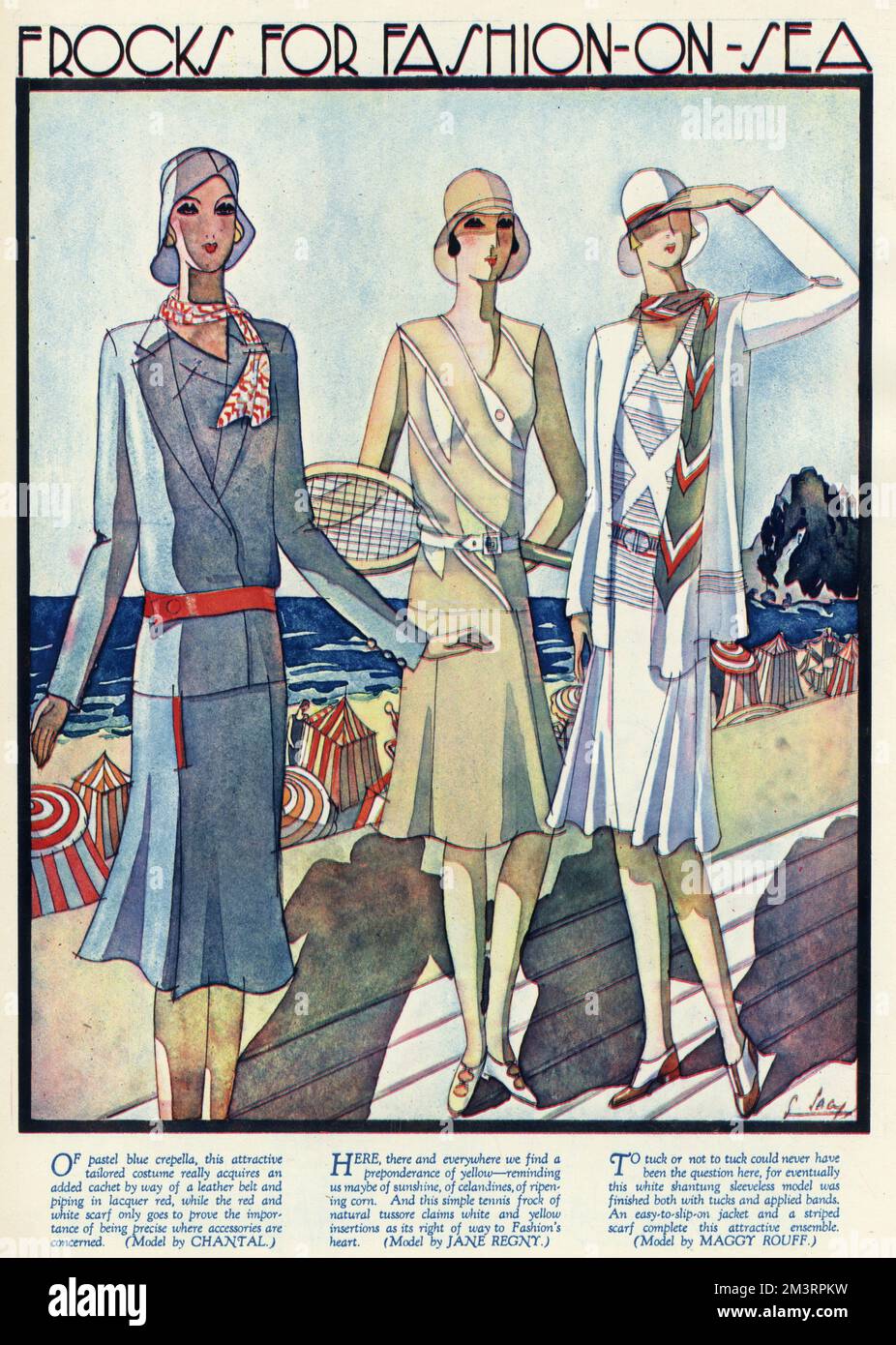 « Des grenouille pour la mode sur la mer ». Femmes portant des vêtements pour une journée à la plage, les designers Chantal, Jane Regny et Maggy Rouff. 1929 Banque D'Images