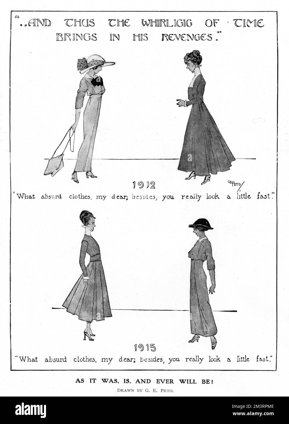 "Quels vêtements absurdes, mon cher; d'ailleurs, vous avez vraiment l'air un peu rapide." Caricature de G. E. Peto dans The Sketch, 1915 commentant la silhouette changeante de la mode féminine en réponse à la guerre. Alors qu'avant la guerre, la jupe à bandoulière avait régné parmi les jeunes et les modèles à la mode; le travail de guerre exigeait des jupes plus courtes et plus larges pour permettre la liberté de mouvement. Date: 1915 Banque D'Images