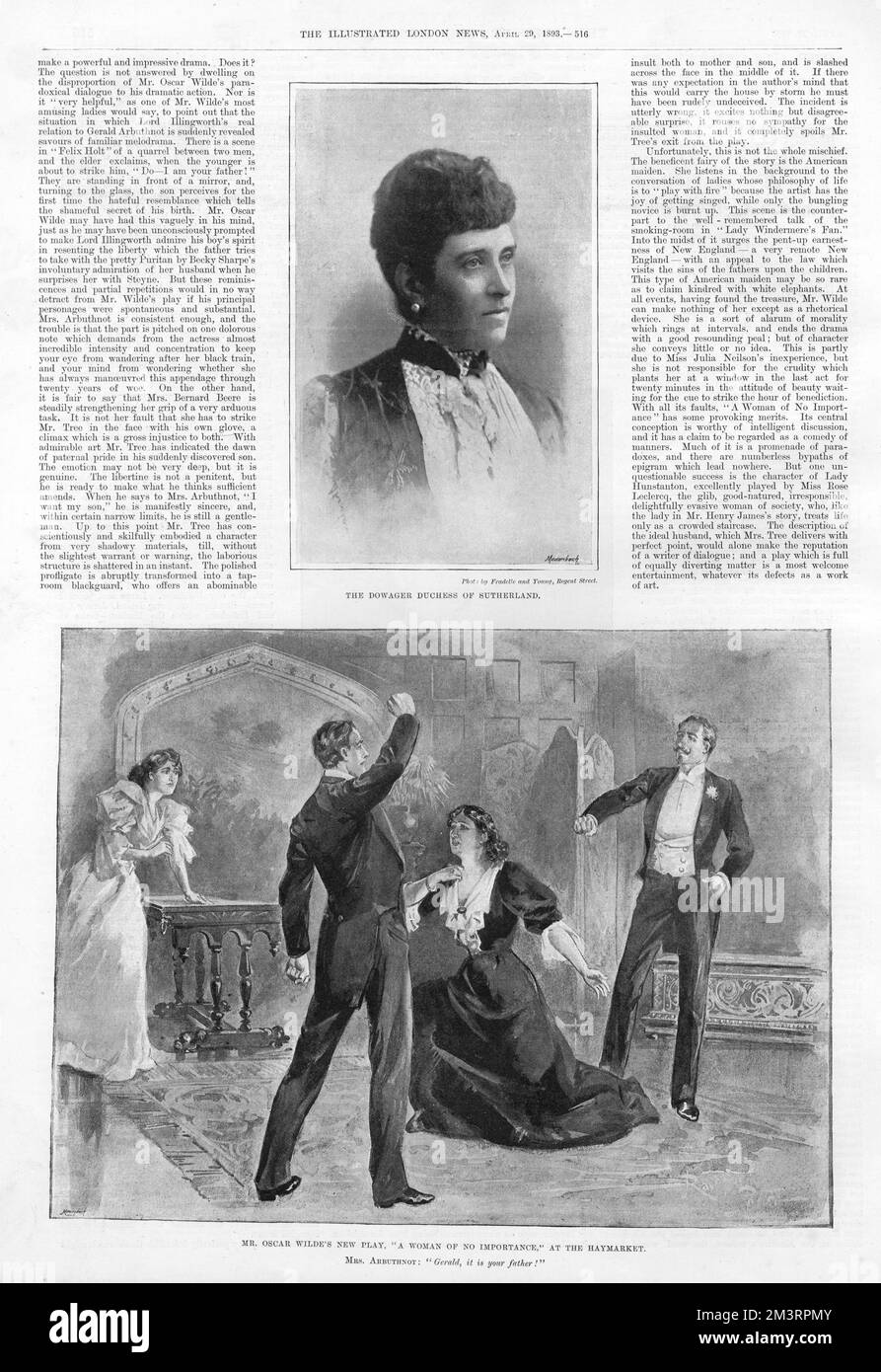 Page 516 de The Illustrated London News, 29th avril 1893, présentant la duchesse Dowager de Sutherland et une scène de la pièce d'Oscar Wilde 'A Woman of No importance' au Haymarket. Date: 1893 Banque D'Images