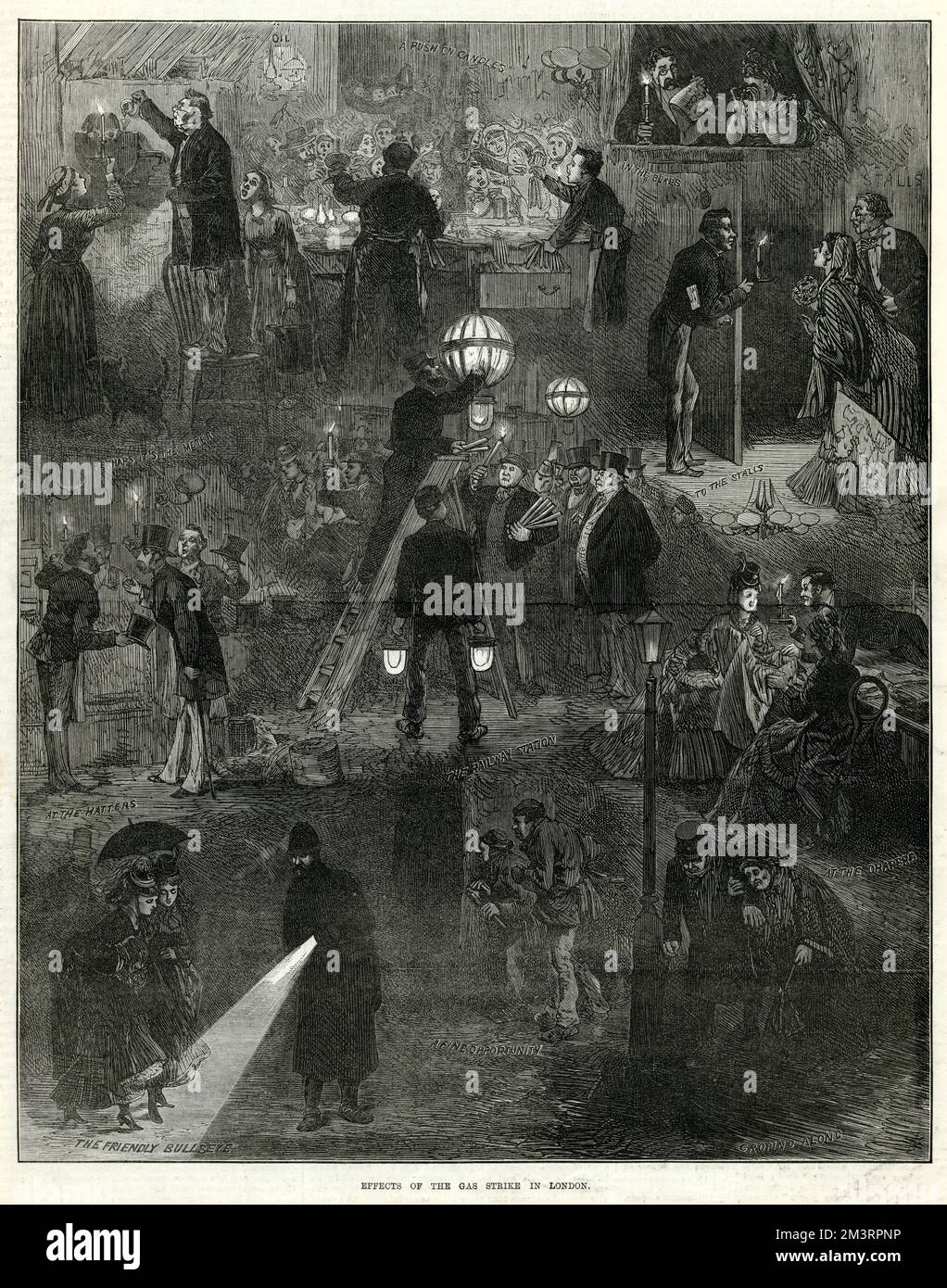 Troubles politiques dans les quartiers industriels du sud-est de Londres victorienne impliquant des syndicalistes, frappant pour affirmer leurs droits. Illustration montrant des gens victoriens dans l'obscurité, revenant aux bougies et trouvant des choses beaucoup plus difficiles qu'ils sont devenus dépendants. Novembre 1872 Banque D'Images