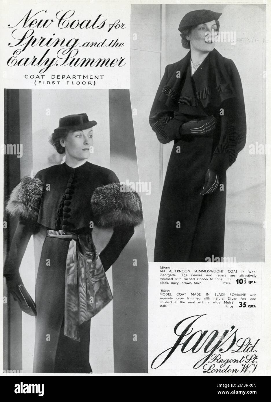 Deux modèles féminins portant les derniers manteaux de la mode pour le printemps et le début de l'été, (à gauche) fait en romaine noire avec cape séparée taillé avec renard argenté naturel et terminé à la taille avec un grand moiré. (À gauche) un manteau d'été en laine Georgette l'après-midi. Les manches et les revers sont joliment taillés avec des ruchés au ton. Date: 1937 Banque D'Images