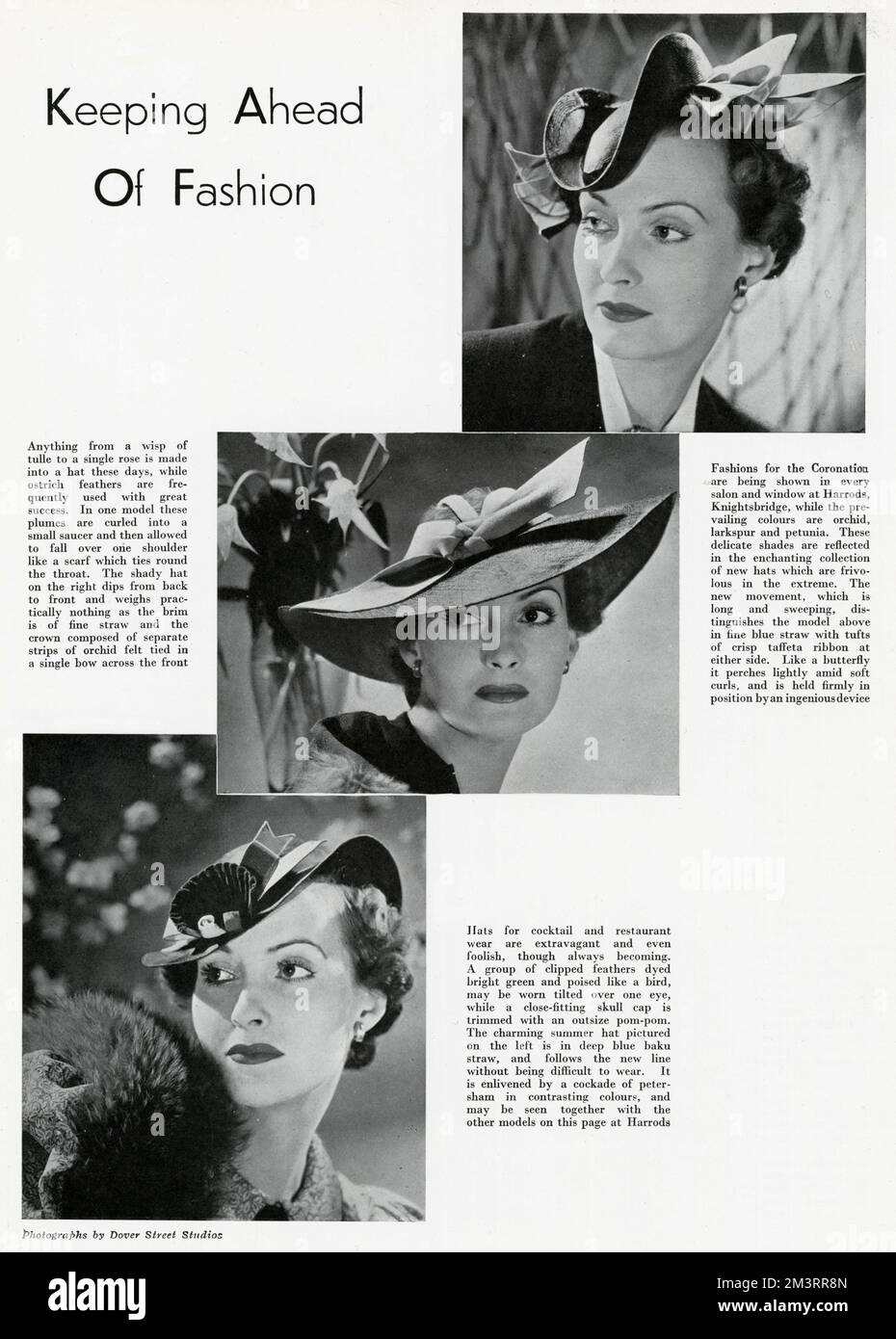 Sélection de chapeaux en paille pour femmes dans des tons délicats contrastés, utilisant des tourbillons et des boucles et des nœuds simples. Date: 1937 Banque D'Images