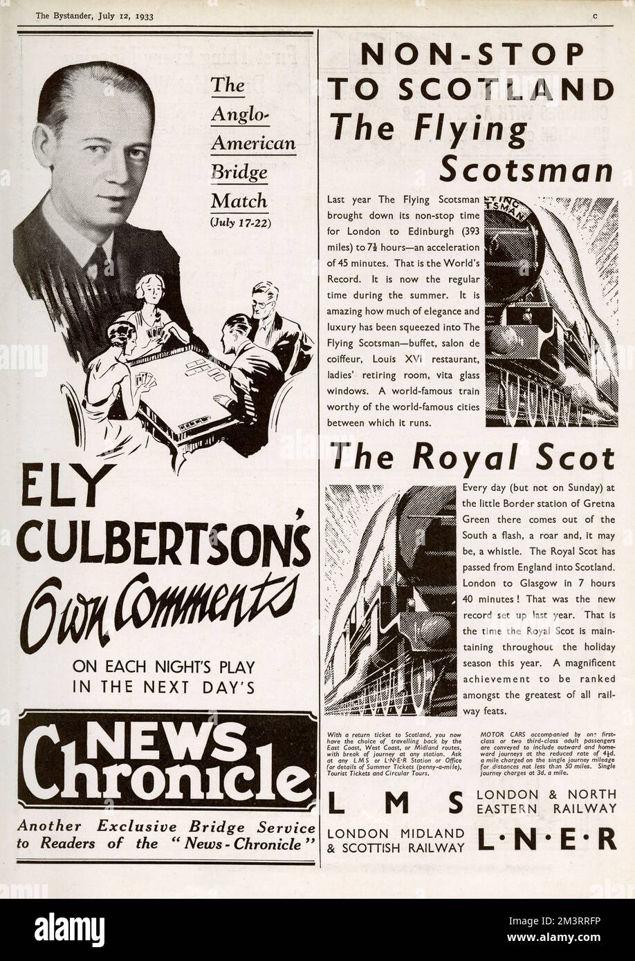 Page de publicités dans le spectateur, y compris pour le match du pont anglo-américain avec les propres commentaires d'Ely Cuthbertson dans la chronique de nouvelles le lendemain; et non-stop à l'Écosse sur le Scotsman volant et le Royal Scot trains pour LMS et LNER. Date: 1933 Banque D'Images