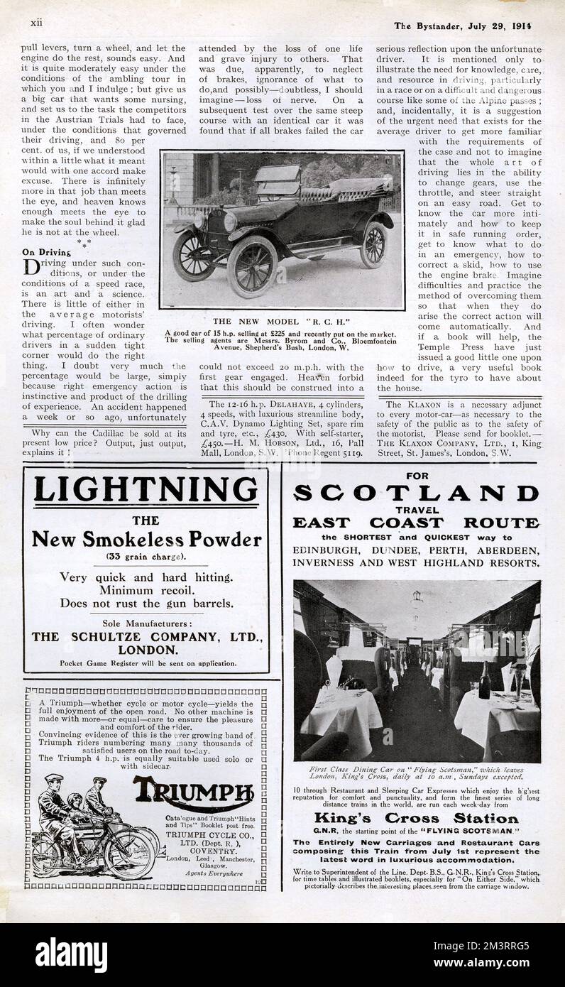 Page du spectateur présentant des publicités pour l'éclairage, la nouvelle poudre sans fumée, Triumph, et Voyage en Écosse par la route de la côte est, 1914 Date: 1914 Banque D'Images