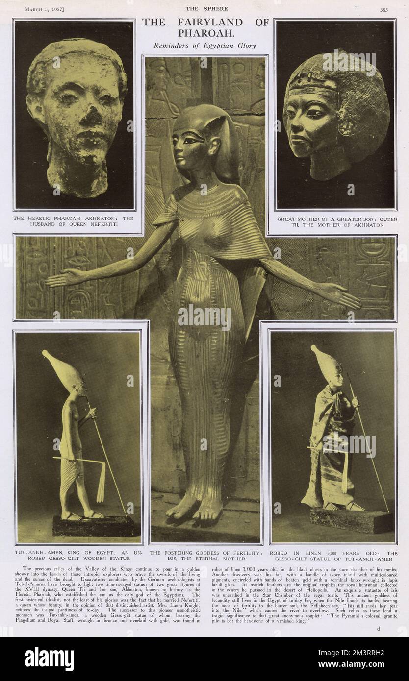 Une page de la sphère présentant des reliques précieuses de la Vallée des Rois. Les images comprennent des statues des suivants: Le pharaon hérétique Akhnaton, le mari de la reine Nefertiti; la reine Tii, la mère d'Akhnaton; deux statues dorées de Toutankhamon et une statue pleine longueur d'Isis, la déesse de la fertilité. Date: 1927 Banque D'Images
