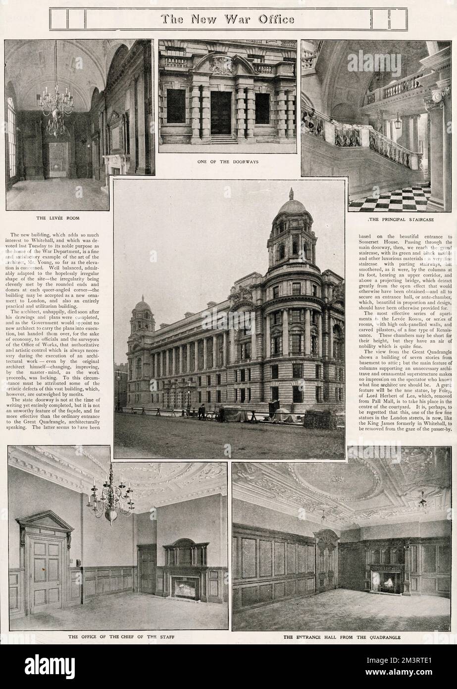 Pleine page avec des images de l'intérieur et de l'extérieur du Bureau de guerre et du texte Date: 1906 Banque D'Images