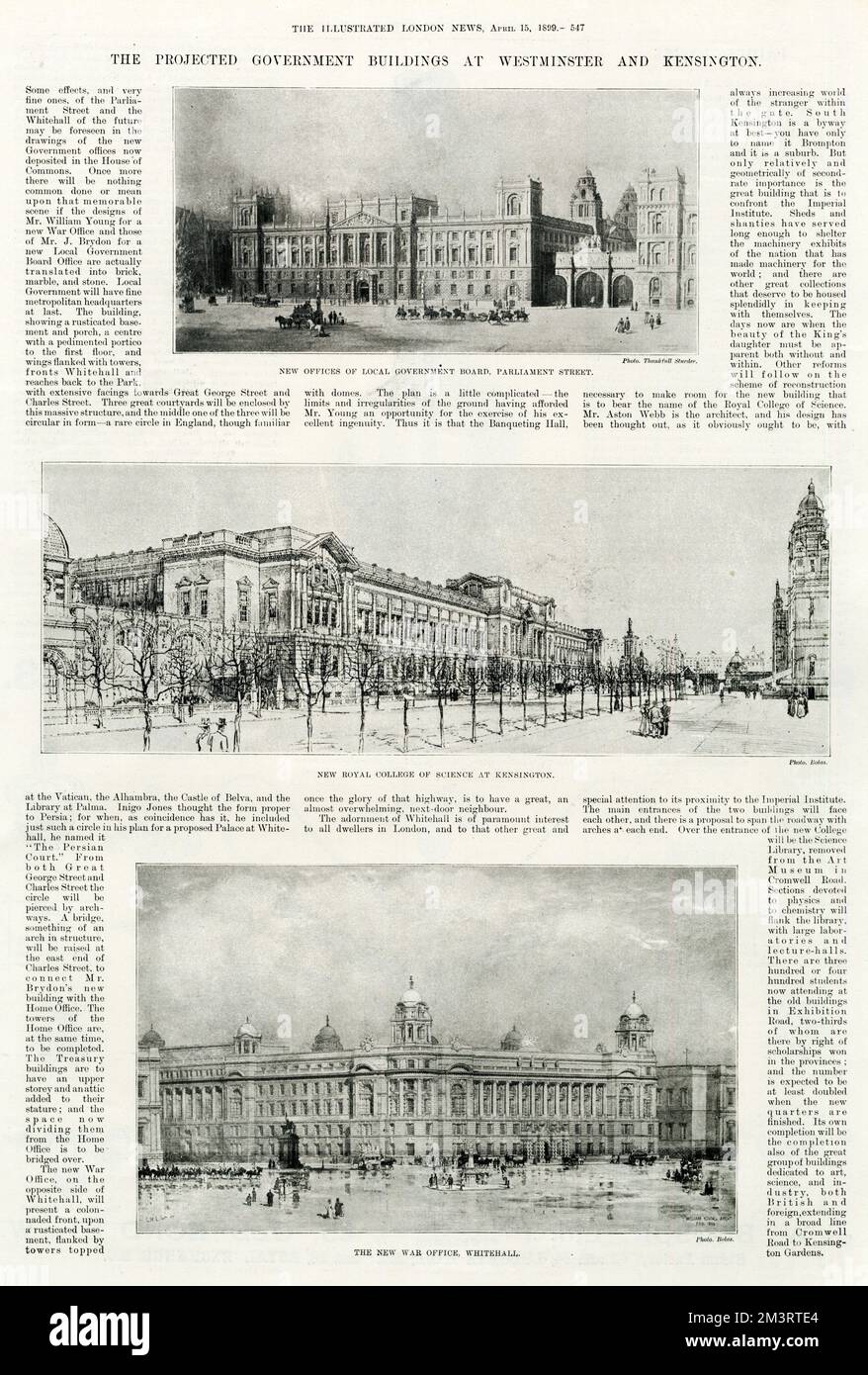 Texte et images des bâtiments gouvernementaux projetés à Westminster et Kensington. L'image du bas est le dessin du War Office de William Young. 1899 Banque D'Images