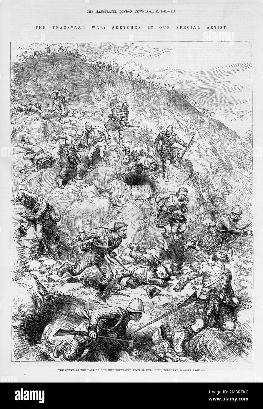La retraite (vol!) Des Highlanders de Majuba Hill. La bataille de Majuba Hill (près de Volksrust, Afrique du Sud) fut la bataille finale et décisive de la première Guerre des Boers. C'était une victoire retentissante pour les Boers et la bataille est considérée comme l'une des plus humiliantes défaites de l'armée britannique. 1881 Banque D'Images