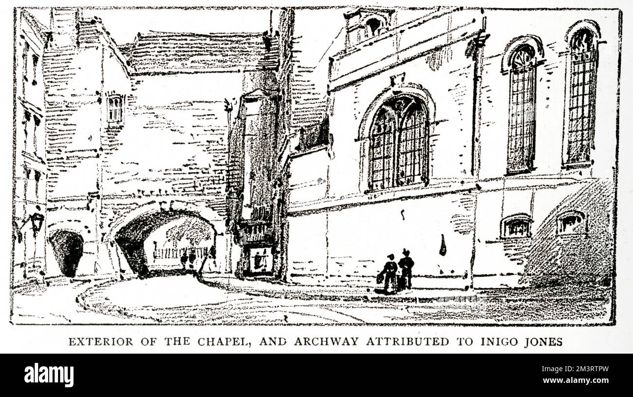 L'extérieur de la chapelle sarde de de Lincoln's Inn, Londres, montrant l'arcade attribuée à Inigo Jones en 1893. La chapelle a été démolie au début du siècle 20th pour faire place à la nouvelle artère Kingsway, remplacée par une nouvelle église en face de Kingsway. Date: 1893 Banque D'Images
