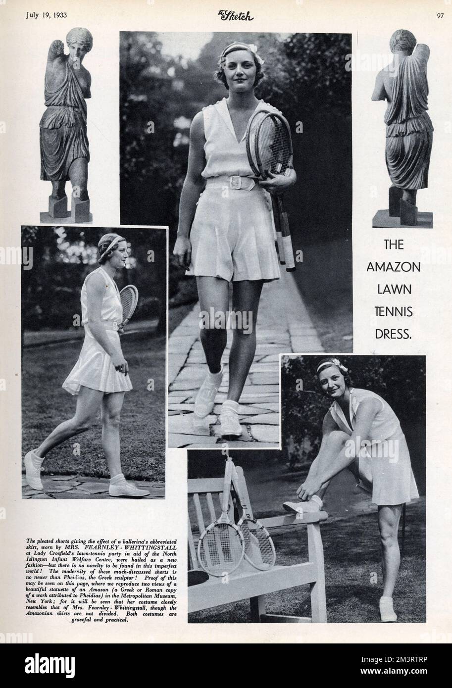 Mme Fearnley-Whittingstall en short de tennis, avec une sculpture grecque d'une Amazone de Pheidias pour comparaison. Date: 1933 Banque D'Images