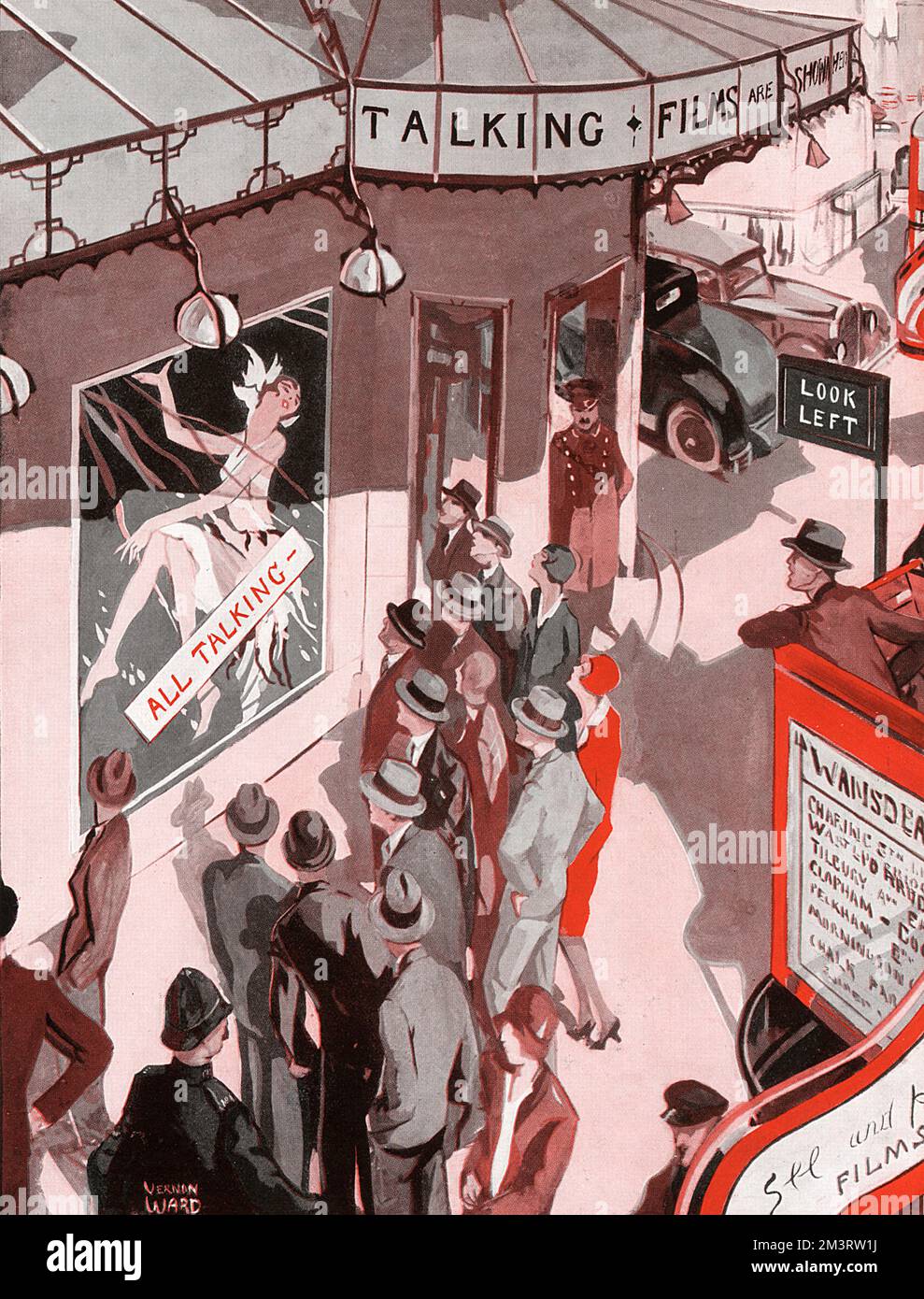L'avènement des images de conversation enregistrées par Vernon Ward dans une illustration montrant des gens se rassemblant à l'extérieur d'un cinéma où une affiche proclame la projection du film est « tout parler ». Date: 1929 Banque D'Images