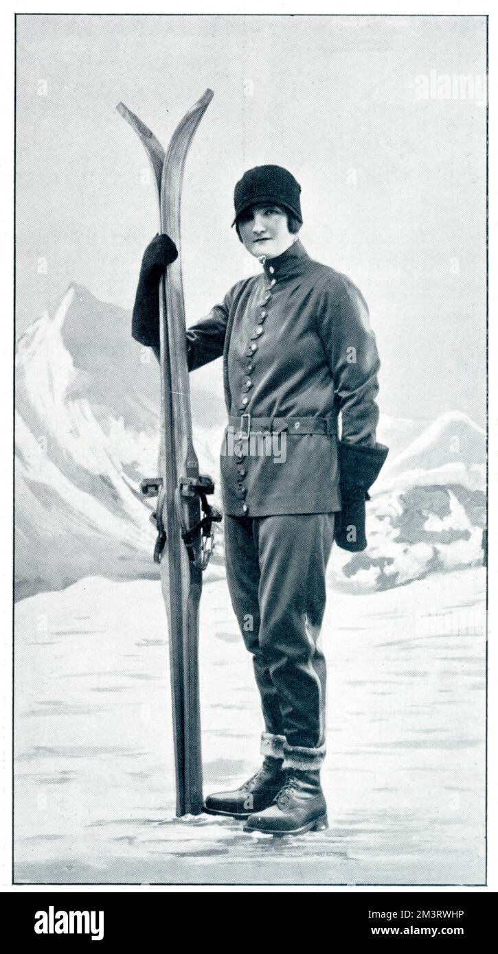 Modèle portant un manteau de ski pratique, de Burberry, Date: 1928 Banque D'Images