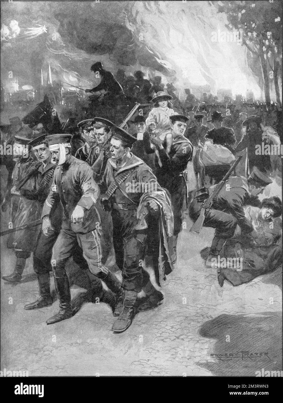 Hommes de la Royal Naval Division aidant les Belges blessés Banque D'Images