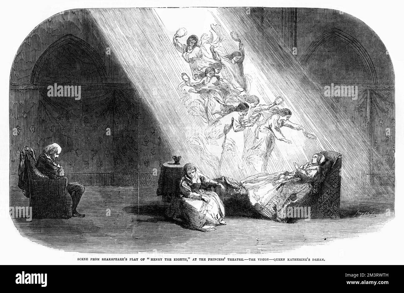 Scène de la pièce de Shakespeare de 'Henry the Eighth' au Théâtre de la princesse - la Vision - le rêve de la reine Katherine. Date: 1855 Banque D'Images