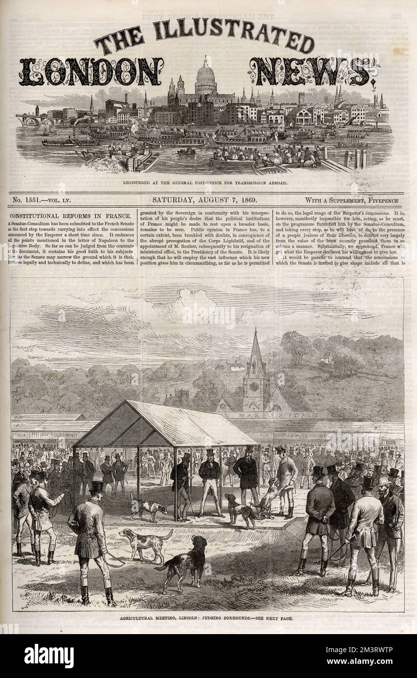 Couverture de The Illustrated London News avec une gravure d'une réunion agricole à Lincoln avec le juge foxliver en cours. Date: 1869 Banque D'Images