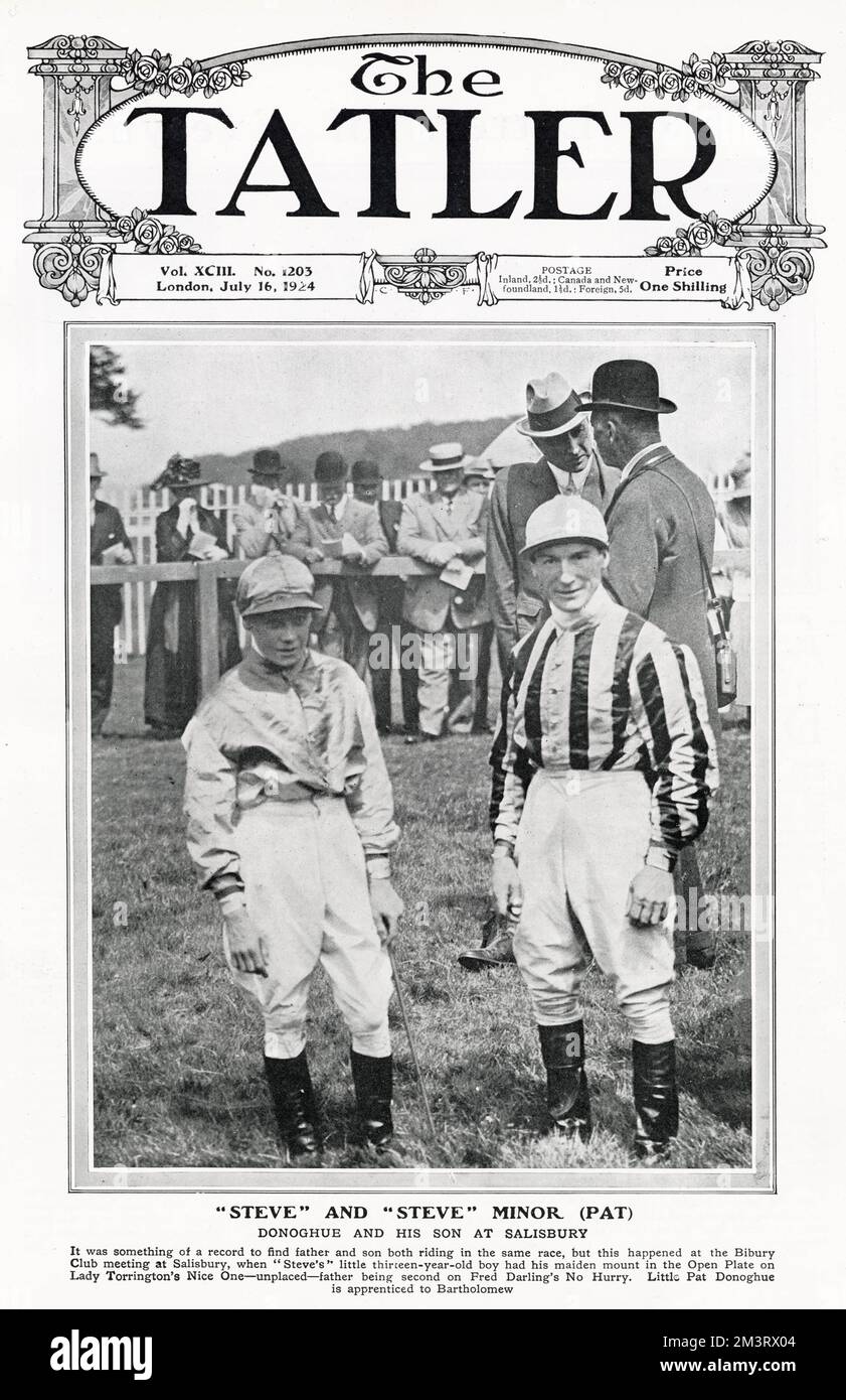 Couverture du Tatler avec le champion jockey Steve Donoghue (1884-1945) et son fils Pat à Salisbury. Donoghue Junior, âgée de 13 ans, venait de faire sa première course à l'Open plate sur « Nice One » de Lady Torrington. Il n'était pas placé. Son père est arrivé deuxième sur « pas pressé » de Fred Darling. Date: 1924 Banque D'Images