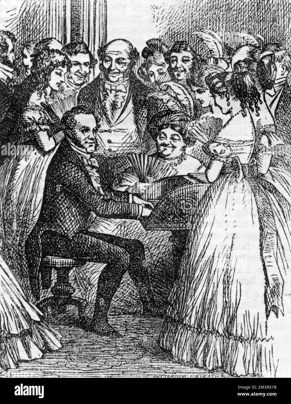 Illustration de l'écrivain et de l'esprit, Theodore Hook, jouant du piano à un public admiratif. Du Mirage de la vie avec l'illustration de John Tenniel. 1867 Banque D'Images