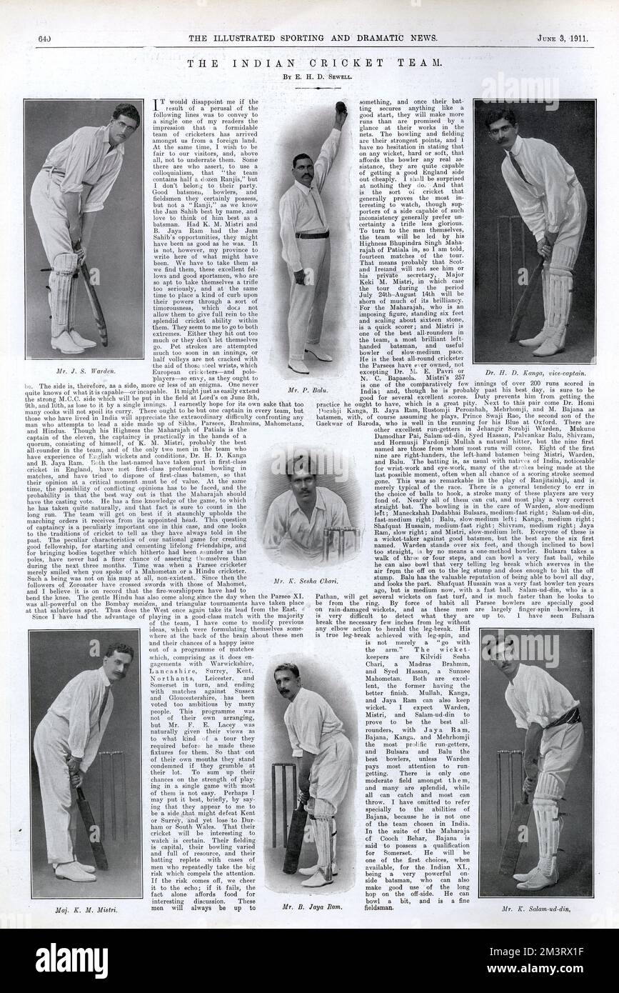 Un article de E.H.D. Sewell à propos de l'équipe indienne de cricket en 1911; photographies de haut en bas: M. J. S. Warden; M. P. Balu; Dr. H.D. Kanga (vice-légende); M. K. Sesha Chari; Major K. M. Mistri; M. B. Jaya RAM; M. K. Salam-ud-din. Date: 1911 Banque D'Images