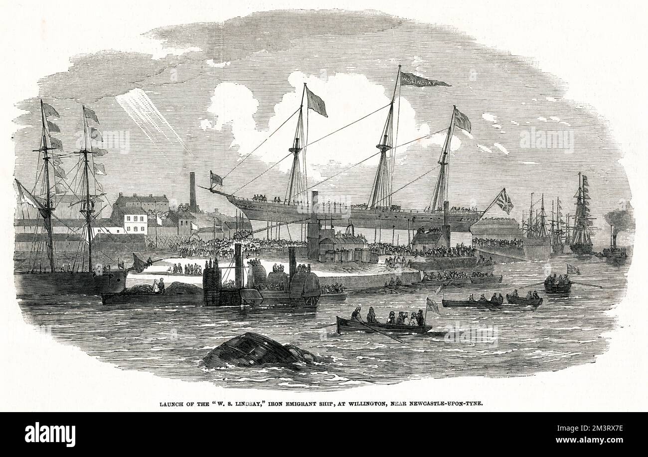 Lancement du W.S. Lindsay, le nouveau navire émigrant de fer, à Willington, près de Newcastle-upon-Tyne, le 30th septembre 1852. Le navire a été construit entièrement pour l'émigration. 1852 Banque D'Images