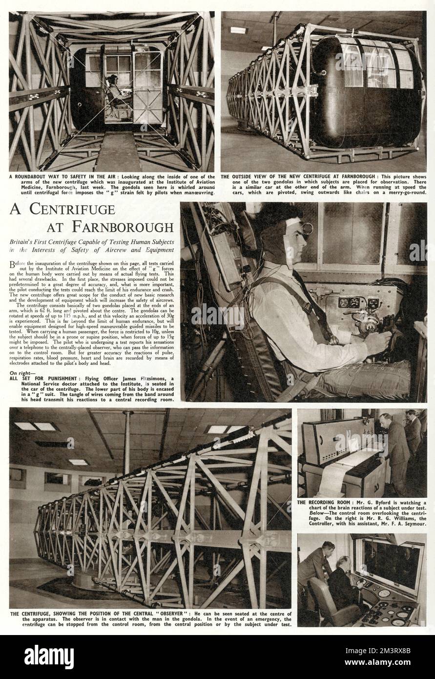 Une centrifugeuse à Farnborough. Page de The Sphere, 28th mai 1955, faisant état de la première centrifugeuse de Grande-Bretagne capable de tester des sujets humains dans l'intérêt de la sécurité de l'équipage et de l'équipement. L'officier de vol James Fitzsimon est assis dans la voiture de la centrifugeuse, et sa réaction aux forces G auxquelles il est soumis est mesurée. Date: 1955 Banque D'Images