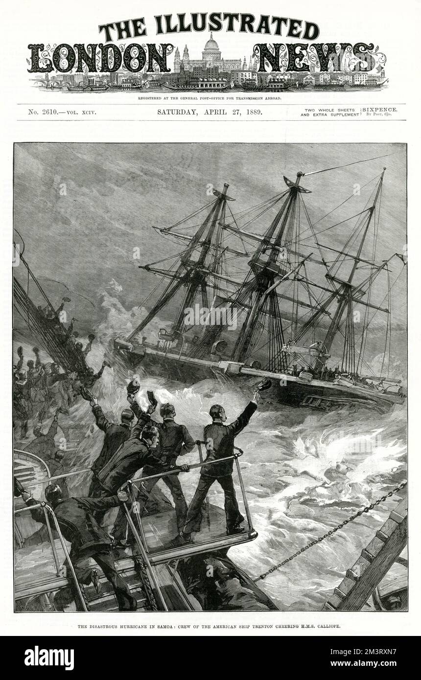 L'ouragan désastreux aux Samoa : l'équipage du navire américain Trenton applaudissait le H.M.S. Calliope. En mars 1889, lorsqu'un violent ouragan a frappé la petite baie d'Apia Harbour, sur l'île d'Upolu, détruisant quatre navires d'hommes de guerre, deux américains et deux allemands, ainsi que de nombreux autres navires marchands. 147 hommes ont perdu la vie. Le HMS Calliope était le seul navire capable de sortir du port pour sauver des hommes de l'USS Trenton. 1889 Banque D'Images