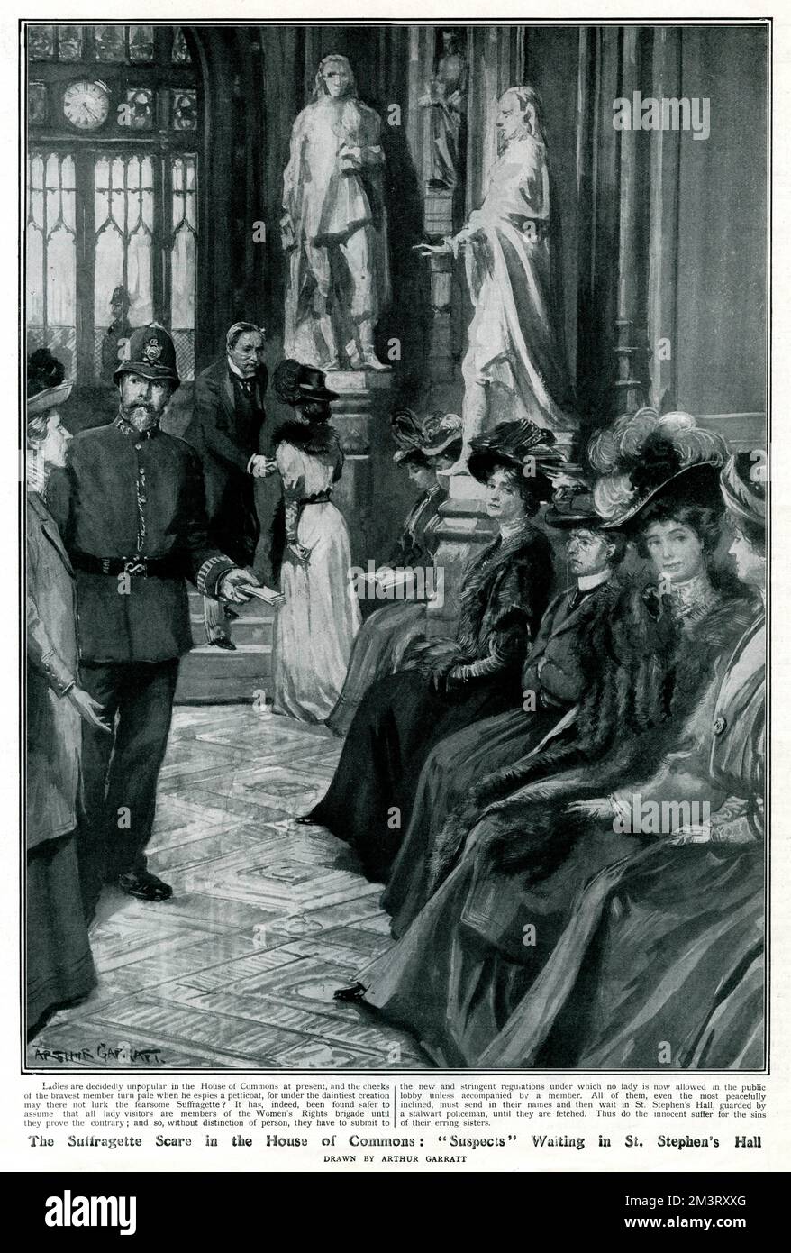 Les femmes qui attendent d'être "tirées" dans la salle Saint-Étienne,  gardées par des policiers, à la suite de préoccupations concernant les  actions des Suffragettes à la Chambre des communes. En vertu de