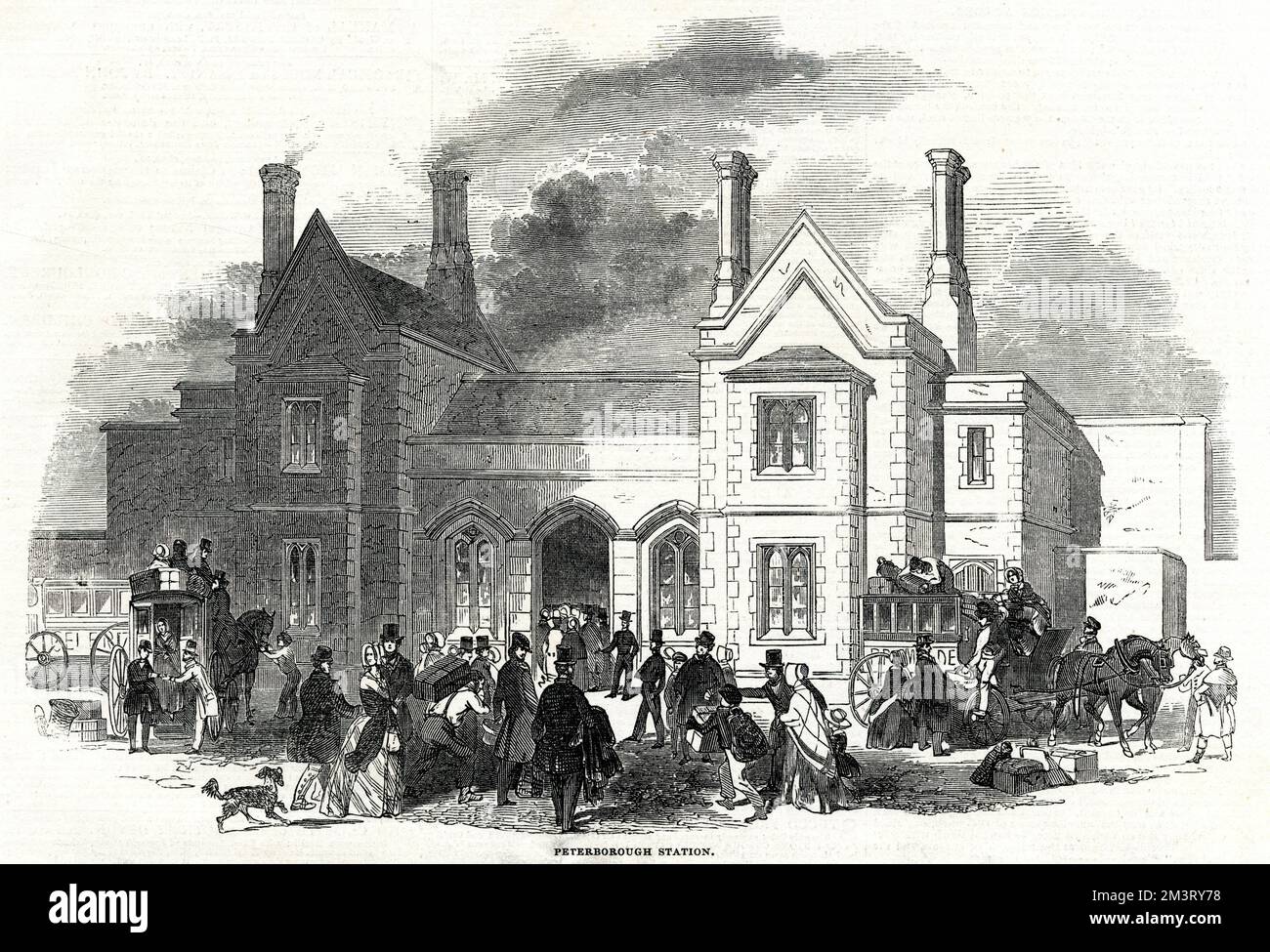 Une scène animée à l'extérieur de la gare de Peterborough East, Station Road, Peterborough, Cambridgeshire, vu ici l'année de son ouverture. Date: 1845 Banque D'Images