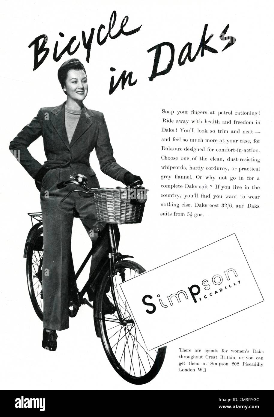 Publicité pour le costume Daks de Simpson de Piccadilly, idéal pour les vêtements de guerre en "propre, résistant à la poussière, whripcord, velours dur ou flanelle gris pratique". Date: 1940 Banque D'Images