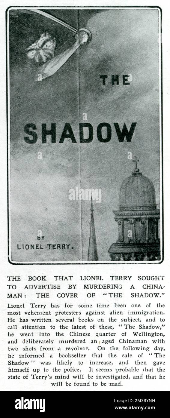 Rapport dans The Sketch sur 'The Shadow', un livre de Lionel Terry protestant contre l'immigration étrangère. Edward Lionel Terry (1873-1952) était un suprêmaciste et meurtrier blanc de Nouvelle-Zélande, incarcéré dans des établissements psychiatriques après le meurtre d'un immigrant chinois, M. Joe Kum Yung, à Wellington, en Nouvelle-Zélande, en 1905. Terry a prétendu avoir commis le meurtre afin d'attirer l'attention sur son livre. Voir la photo numéro 12747026 pour un portrait de Terry. Date: 1905 Banque D'Images