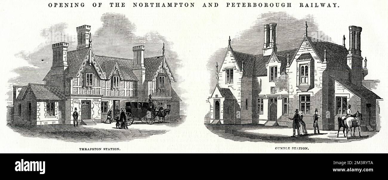 Les gares de Thrapston et Oundle, le long de la route des chemins de fer récemment ouverts de Northampton et Peterborough. Date: 1845 Banque D'Images