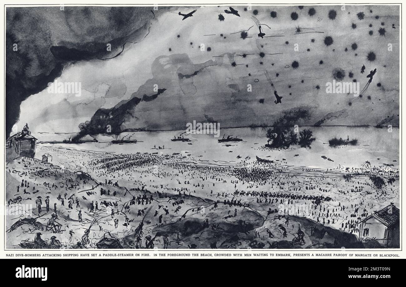 Scène lors de l'évacuation de Dunkerque, sur la côte nord française, avec des bombardiers allemands qui attaquent la navigation et incendient un bateau à aubes. Au premier plan se trouve la plage, bondée d'hommes qui attendent d'embarquer. Le dessin a été réalisé par un artiste présent lors de l'embarquement du 30 mai. 1940 Banque D'Images