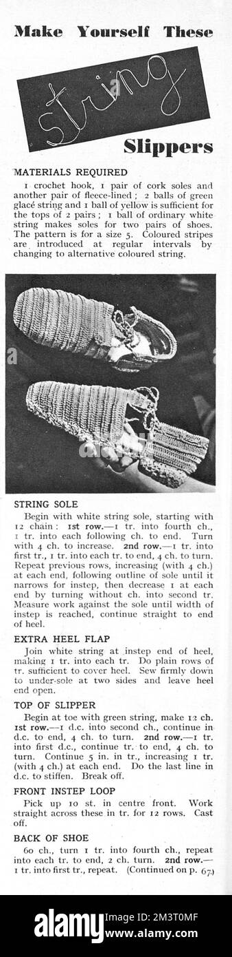 Faites-vous ces pantoufles à ficelle, 1944. Motif crochet en temps de guerre. 1944 Banque D'Images