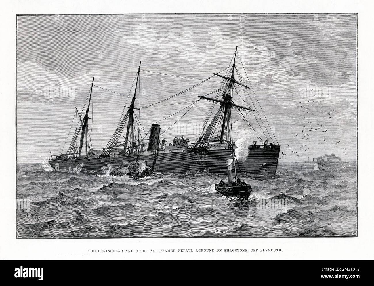 P&O Steamship Nepaul - le Nepaul s'est montré en agrise sur le Shagstone, bien qu'elle soit allée plus loin à l'est. Nepaul a été construit par Alexander Stephan et fils, Glasgow, et a été initialement présenté comme Theodor Korner pour la courte durée de vie de la ligne de navigation à vapeur transatlantique allemande. Le 10 décembre 1890, le Nepaul était en entrée de Calcutta quand il a été détruit sur Shagstone Rock au large de Plymouth à 19:20 après avoir manqué le pilote dans un brouillard épais. Il n'y a pas eu de victimes, et les passagers et la sterie ont été retirés le lendemain matin, mais la plupart de la cargaison a été ruinée. Banque D'Images