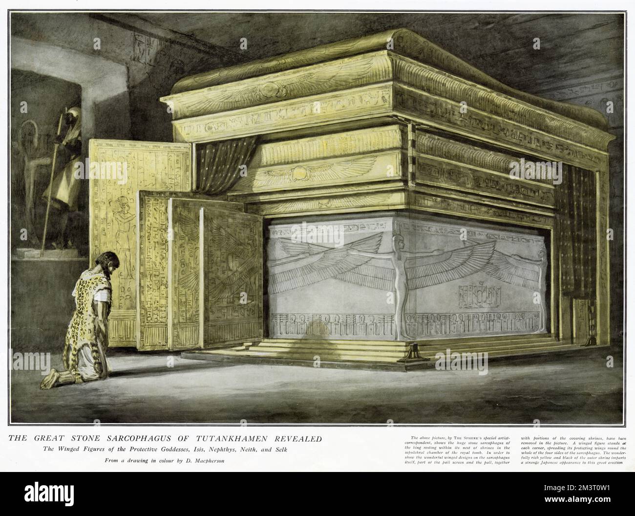 L'immense sarcophage en pierre du petit-roi égyptien Toutankhamen montrant le relief des figures ailées des déesses Isis, Nephthys, Neith et Selk se tenant à chaque coin. Date: 1924 Banque D'Images