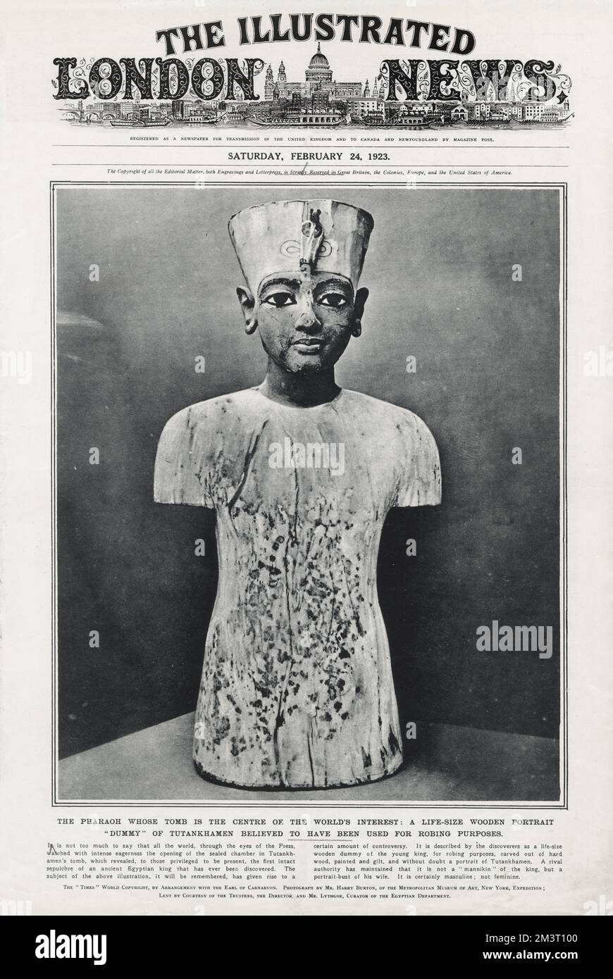 Couverture de The Illustrated London News, 24th février 1923, présentant un mannequin de portrait en bois grandeur nature de Toutankhamon qui aurait été utilisé à des fins de robing. 'Le Pharaon dont la tombe est le centre de l'intérêt du monde.' 1923 Banque D'Images