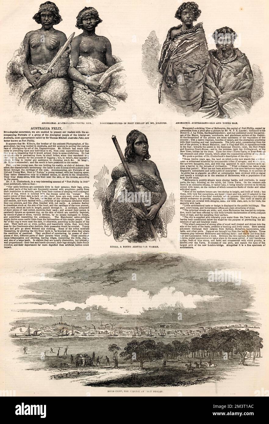 Page de The Illustrated London News sur le peuple indigène de l'Australie Felix, Port Phillip, en Nouvelle-Galles du Sud, avec plusieurs exemples gravés des portraits daguerréotype pris par M. Kilburn Banque D'Images