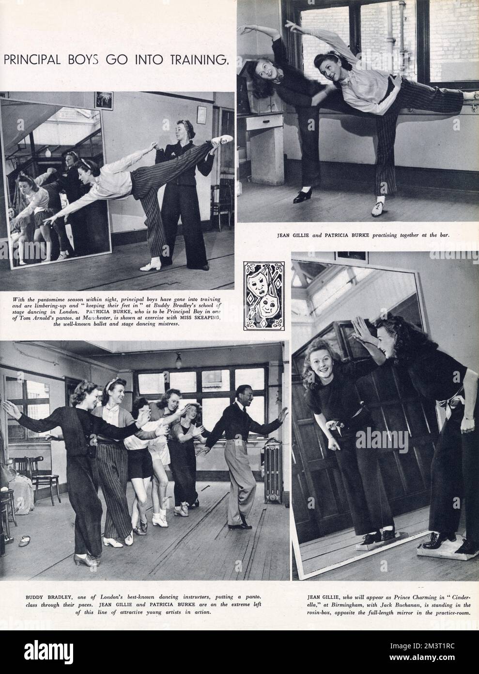Les principaux garçons, dont Patricia Burke et Jean Gillie, pratiquent leurs mouvements de danse pour la saison des pantomimes à l'école de danse de Buddy Bradley. Date: 1940 Banque D'Images