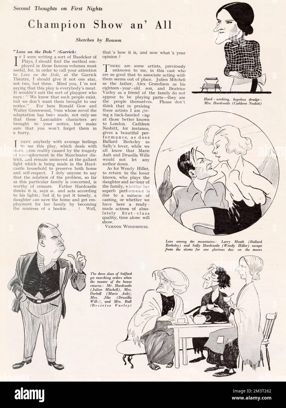 Critique de « Love on the Dole » de Walter Greenwood au Garrick Theatre dans le magazine The Bystander, avec caricatures des personnages principaux de Rouson. Banque D'Images