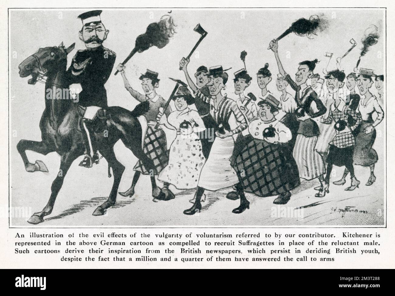 Une illustration des effets néfastes de la vulgarité du volontarisme mentionnée par notre contributeur. Lord Kitchener est représenté par un dessin animé allemand, comme obligé de recruter des Suffragettes à la place du mâle réticent. Banque D'Images