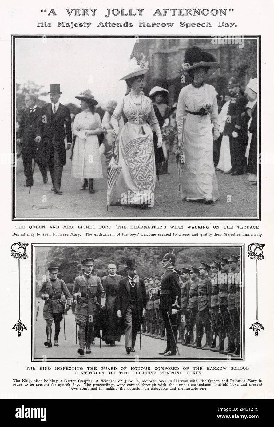 « Un après-midi très Jolly » - sa majesté le roi George V assiste à la Journée du discours de l'école Harrow. Banque D'Images