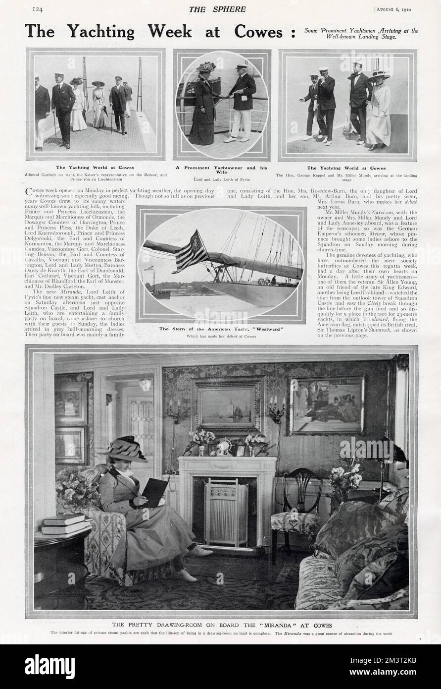 Une page de The Sphere sur le yachting à Cowes en 1910. La grande photo de fond montre l'intérieur opulent de la 'Miranda' appartenant à Lord Leith de Fyvie. Lui et sa femme, Lady Leith, sont montrés dans la photo du milieu en haut. Banque D'Images