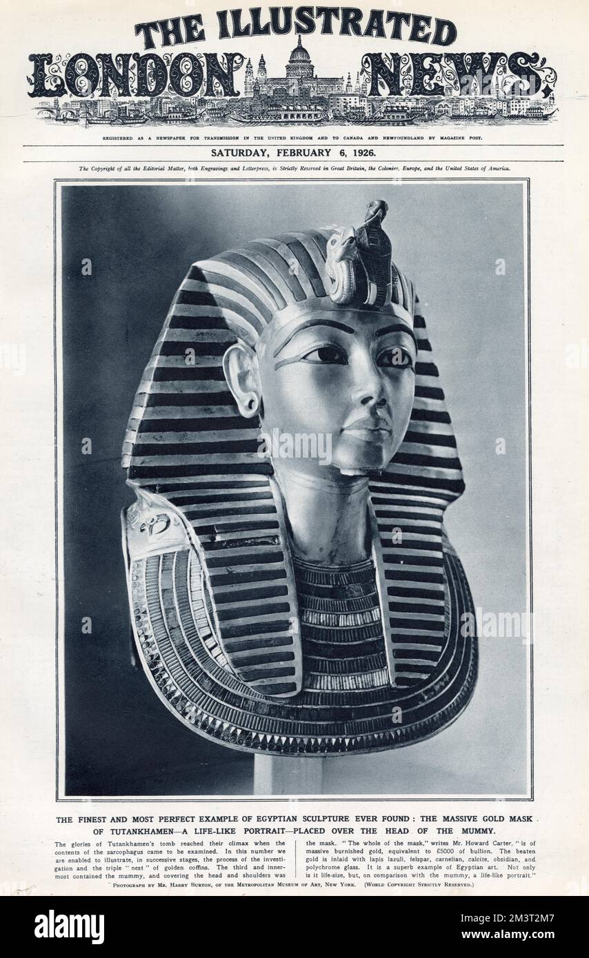 Couverture de The Illustrated London News, 6 février 1926, avec le masque doré de la pharaah égyptienne, Toutankhamen. Banque D'Images