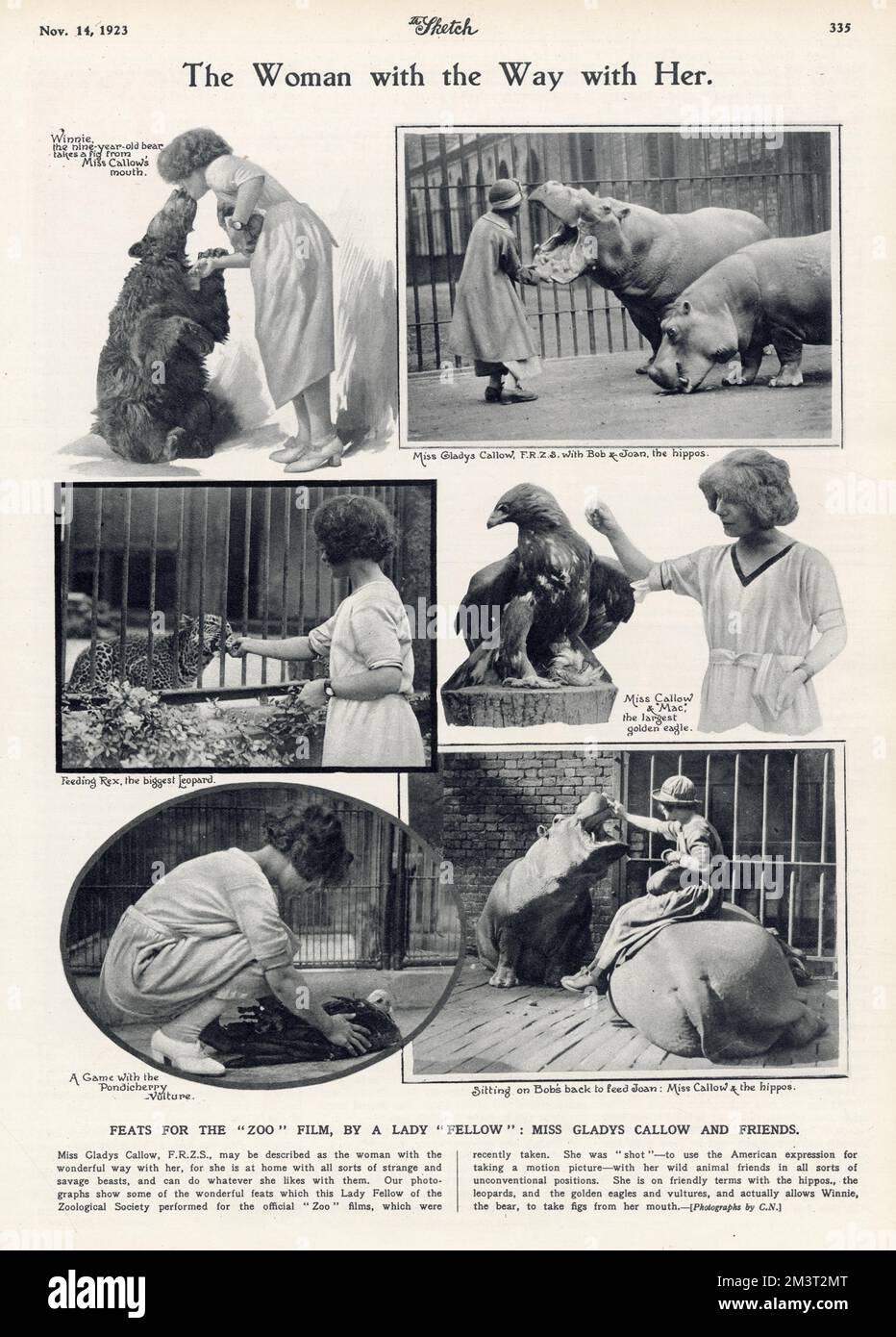 Gladys Catlow, « la femme avec une façon avec elle », photographiée avec divers animaux au zoo de Londres. Banque D'Images
