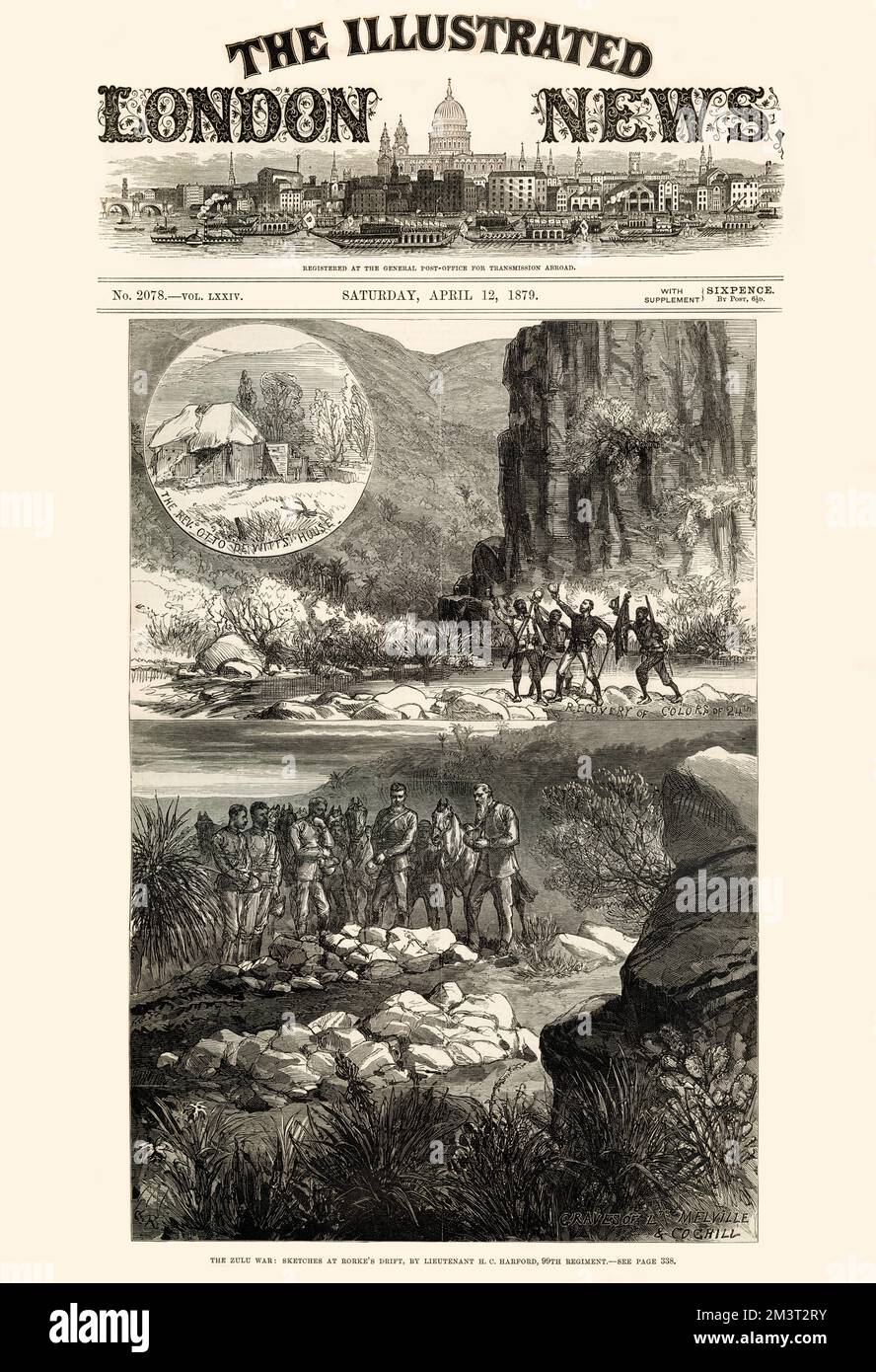 Guerre de Zulu - rétablissement des couleurs des 24th dans la rivière Buffalo après la bataille d'Isandlwana (du 22 janvier 1879) et en hommage aux tombes de LTS Melville et de Coghill Banque D'Images